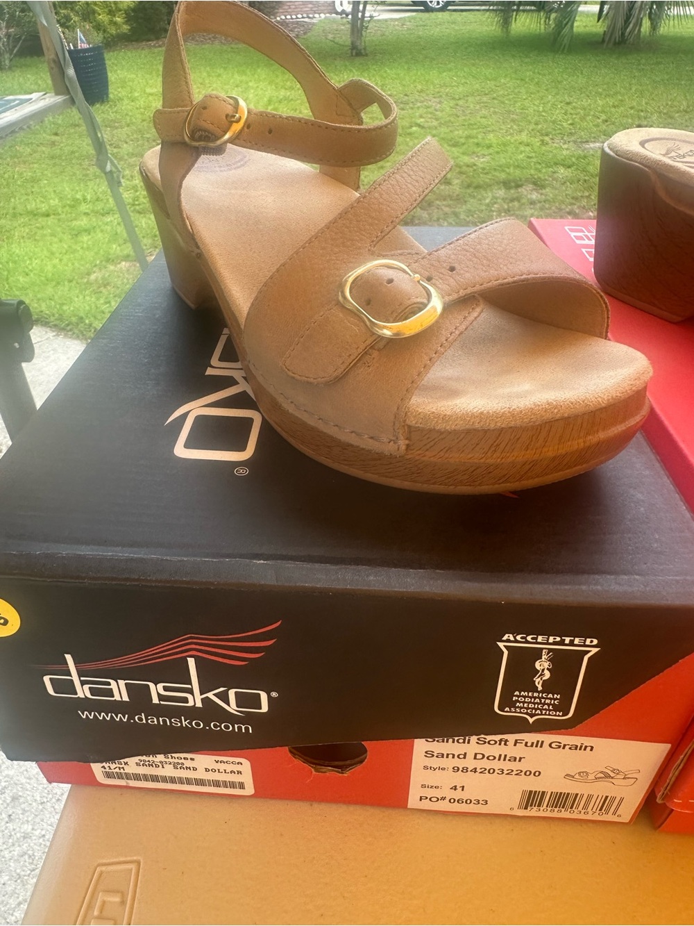 Dansko Tan Leather Platform Sandal with Gold Buckles